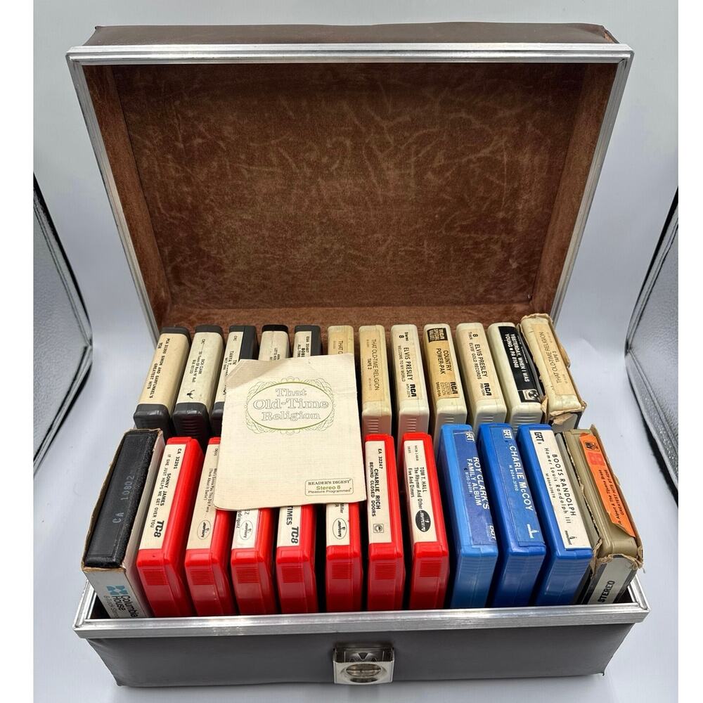 Vintage 8 Track Tape Lot of 24 MCM Carrying Case 60s-70s Country Gospel Rock Pop